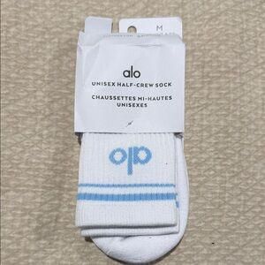 ALO Yoga White Half-Crew Socks with Blue Stripes